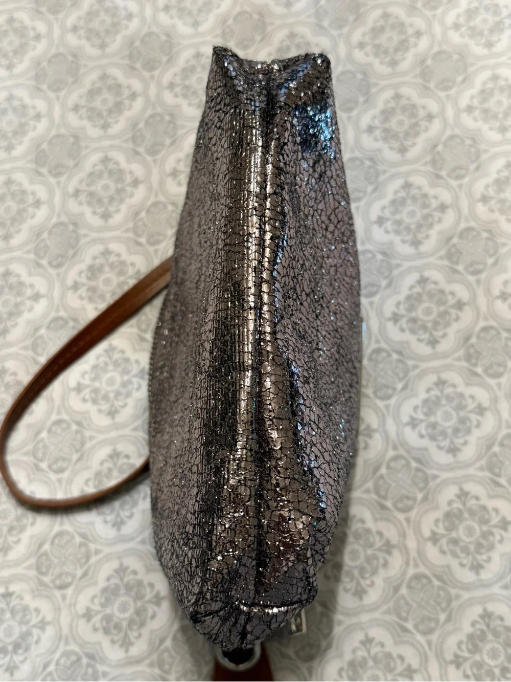 Betsey Johnson Metallic Silver/Gold Wristlet with Tan Strap